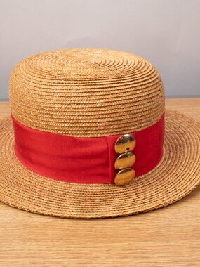 Patricia Underwood Straw Hat With Red Stripe and Gold Button Detail See Details